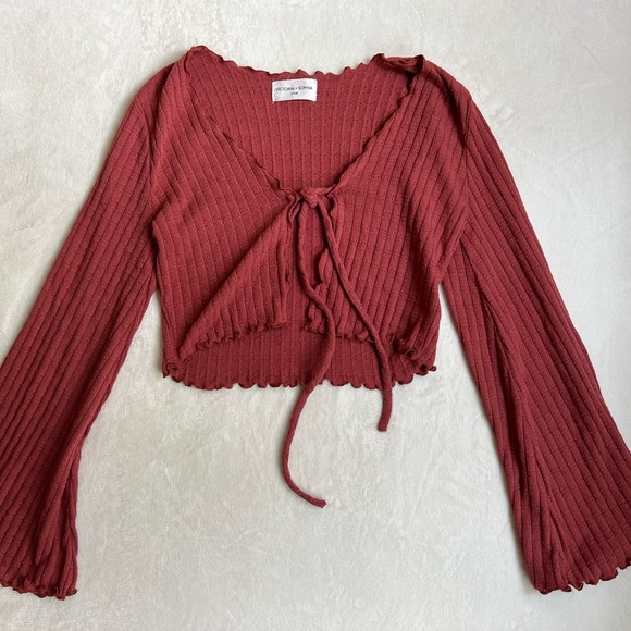 Victoria + Sophia Cropped Cardigan Womens Terracotta Tie-Front Sweater Size S - Picture 4 of 9